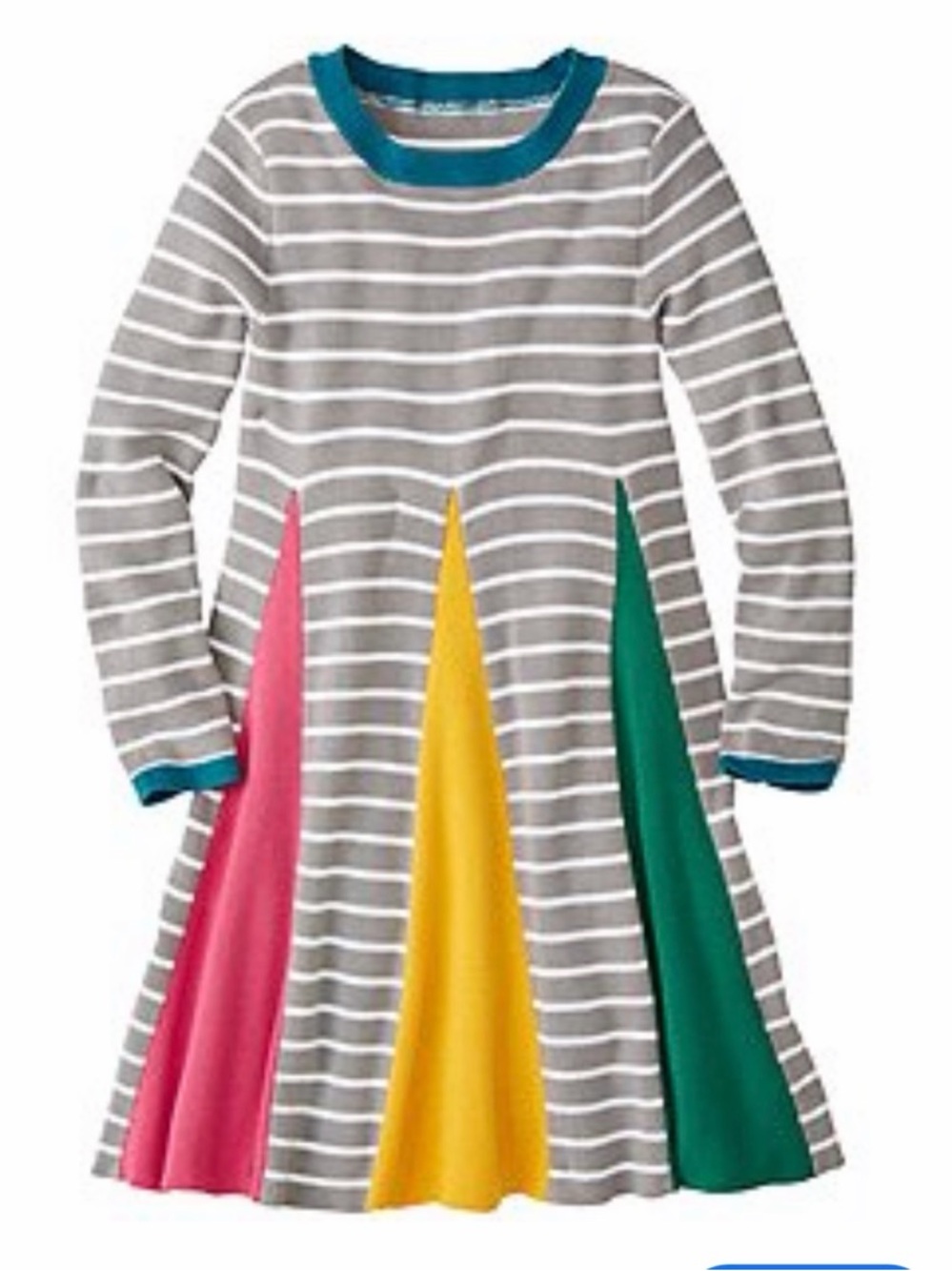 Hanna Andersson Girls Gray Striped Knit Sweater Dress Teal Trim Sz 4